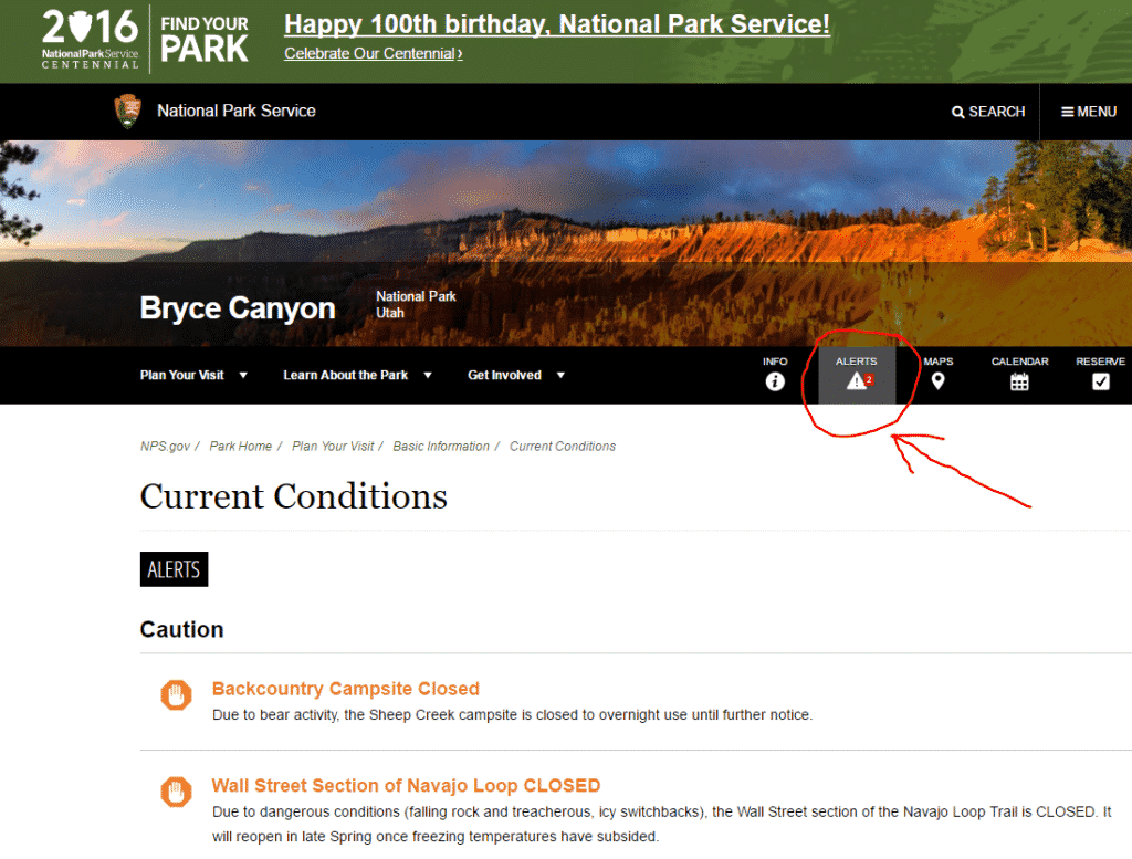 Bryce Canyon Nationalpark Alerts mit Pfeil.